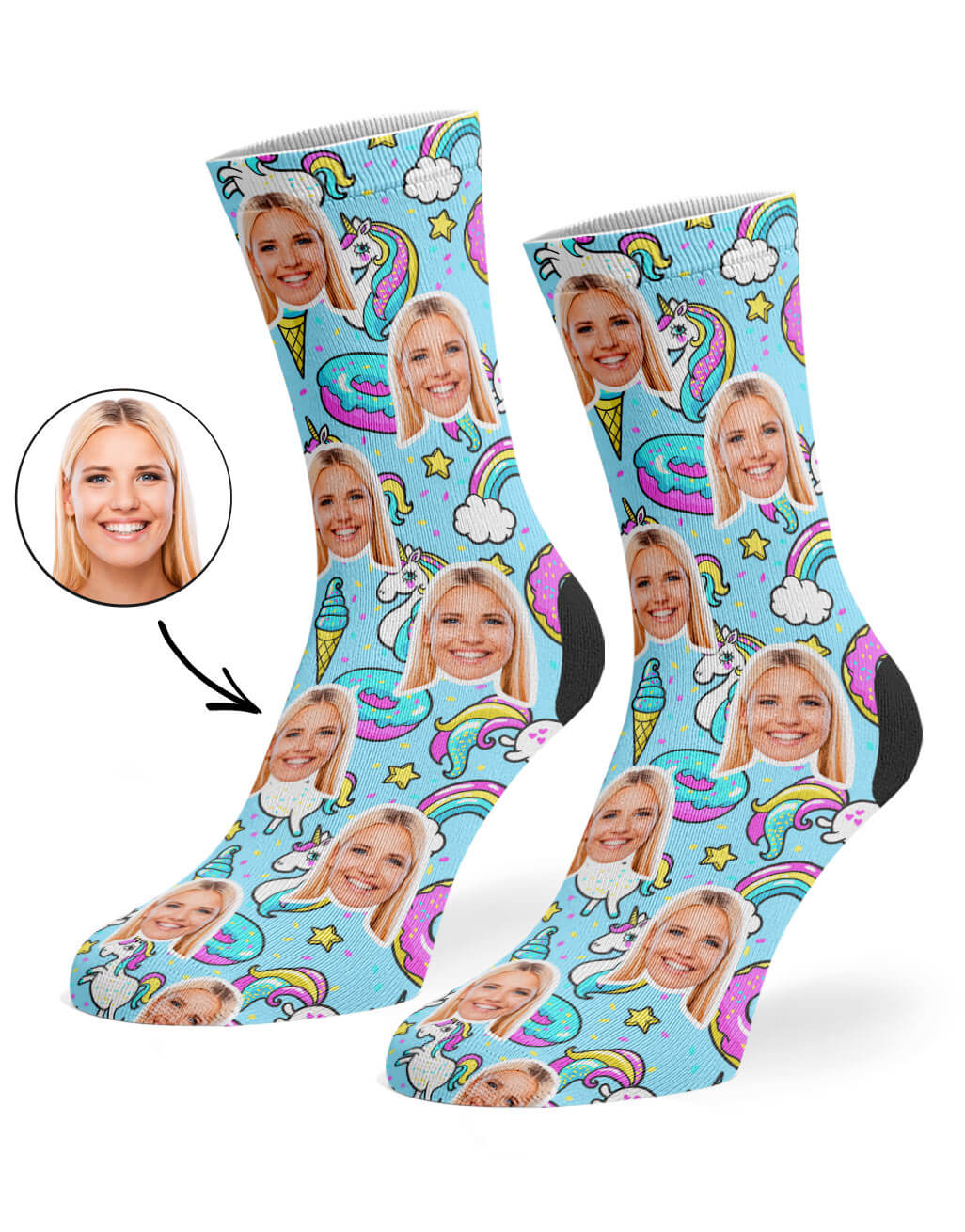 Unicorn & Donut Socks With Photo On