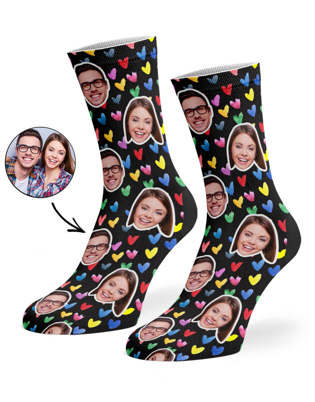 Watercolour Hearts Socks With Faces Printed