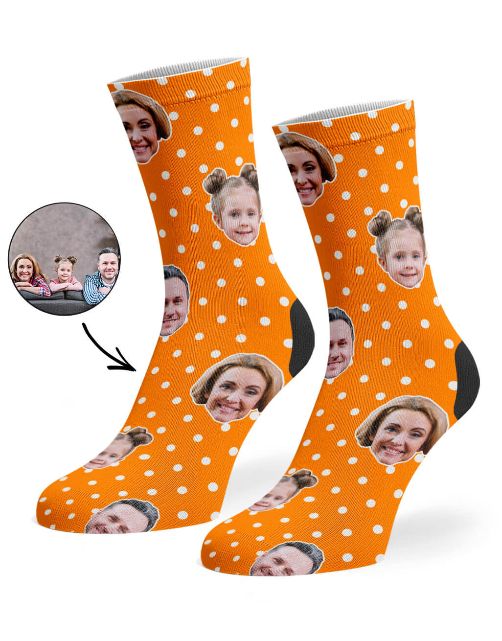 Family Faces On Polka Dot Orange Socks